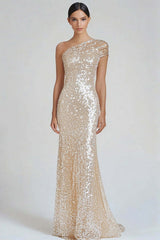 Dreamyannie One Shoulder Champagne Wedding Guest Dress Sheath Long Formal Dress