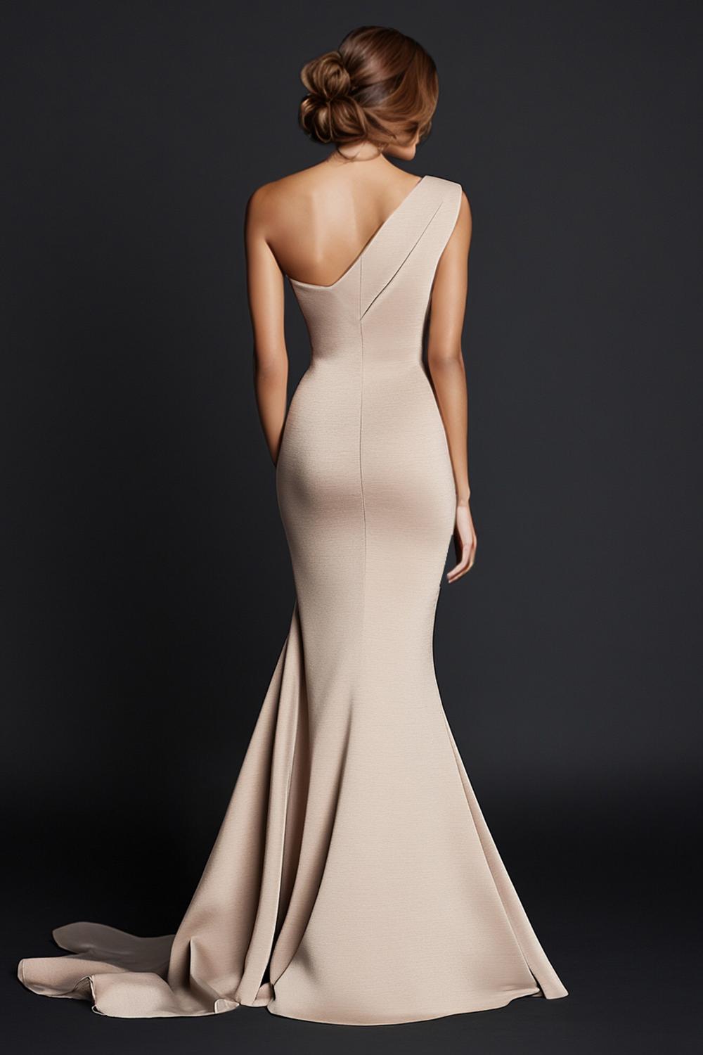 Dreamyannie One Shoulder Khaki Wedding Guest Dress Mermaid Long Formal Dress
