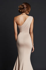 Dreamyannie One Shoulder Khaki Wedding Guest Dress Mermaid Long Formal Dress
