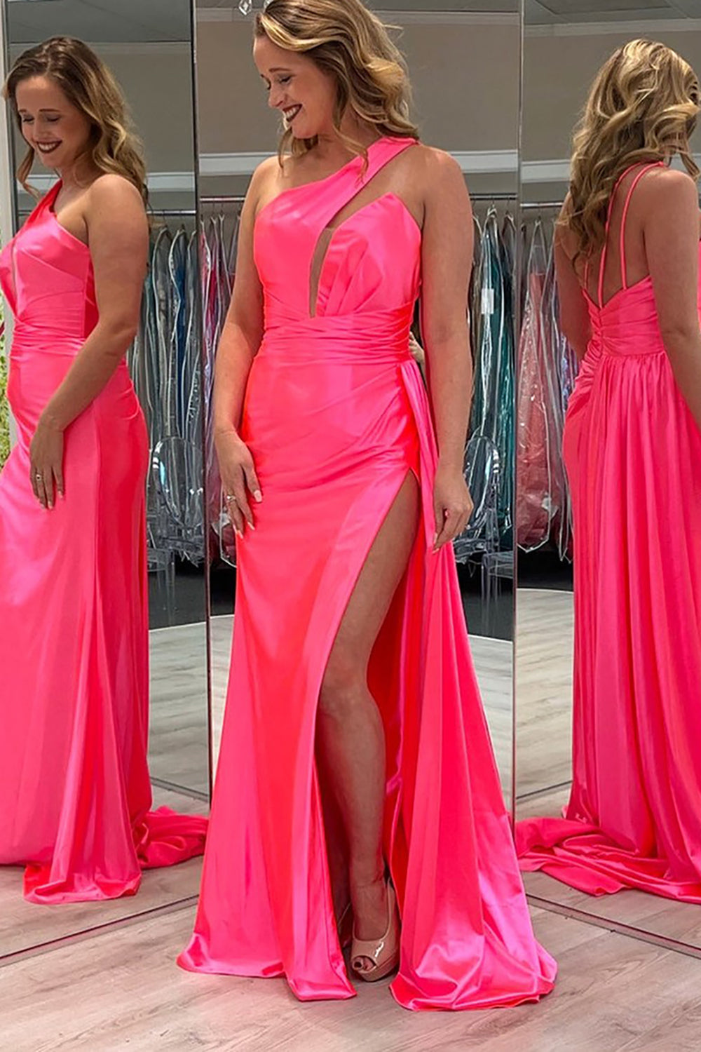 Dreamyannie One Shoulder Pink Prom Dress Satin Long Evening Dress With Slit