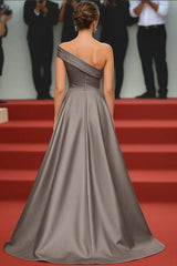Dreamyannie One Shoulder Satin A Line Steel Grey Long Gala Dress