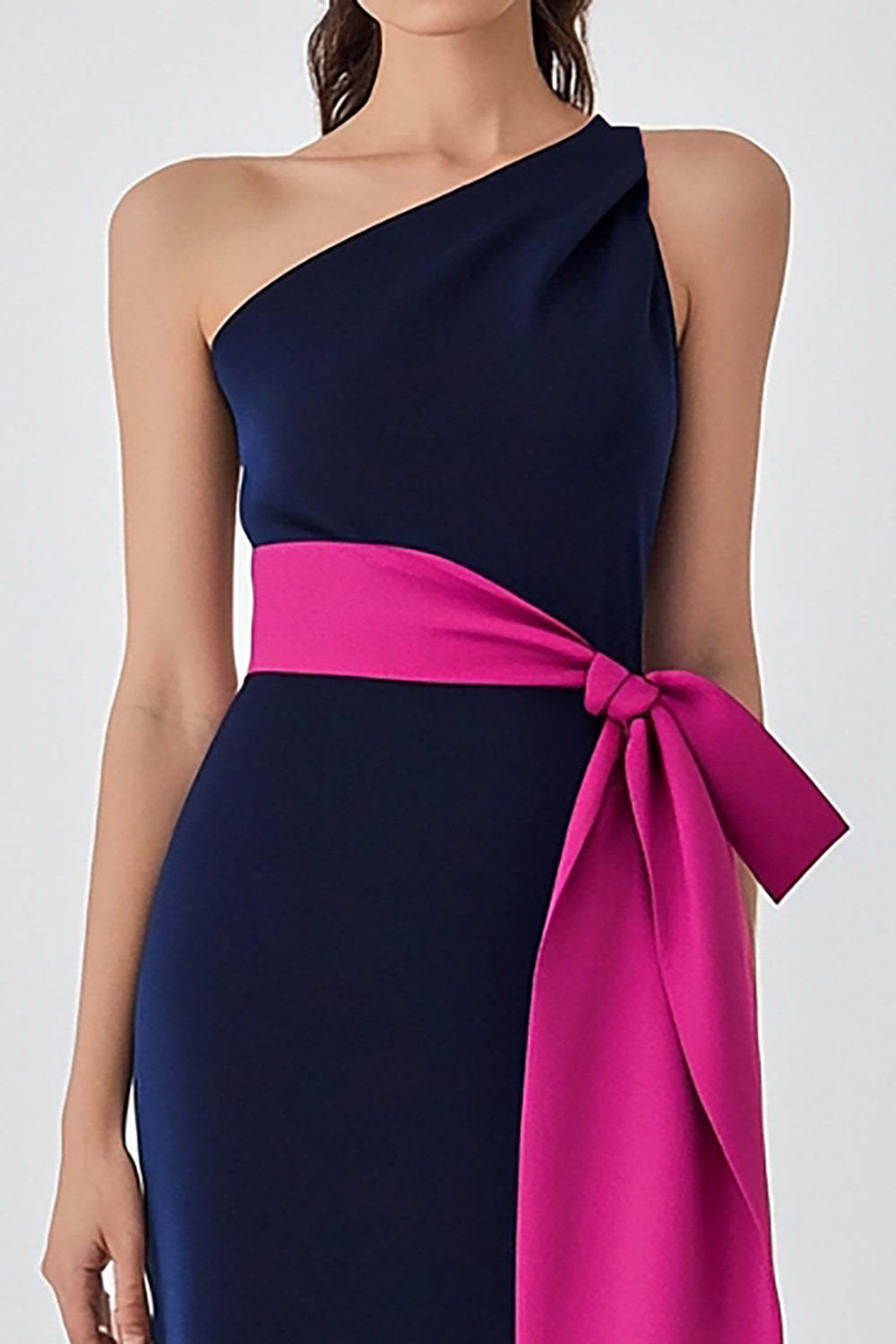 Dreamyannie One Shoulder Satin Navy Fuchsia Wedding Guest Dress Long Formal Dress