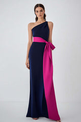 Dreamyannie One Shoulder Satin Navy Fuchsia Wedding Guest Dress Long Formal Dress