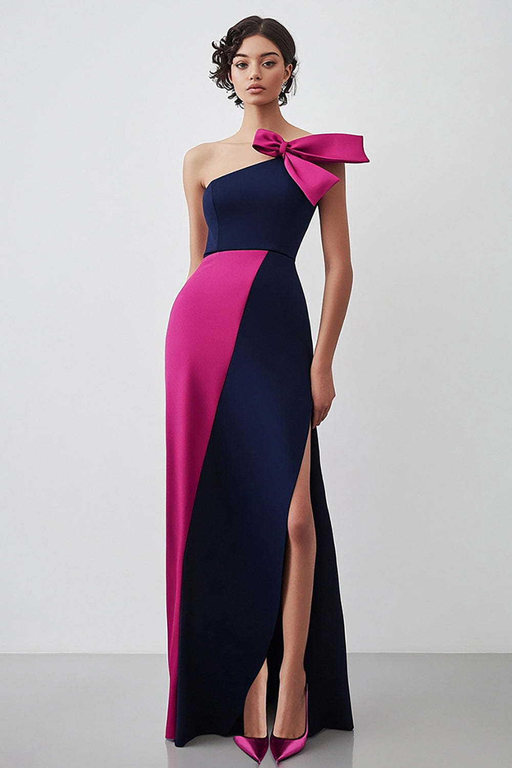 Dreamyannie One Shoulder Sheath Navy Fuchsia Wedding Guest Dress Long Formal Dress With Slit