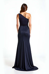 Dreamyannie One Shoulder Sheath Navy Wedding Guest Dress Long Formal Dress