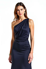 Dreamyannie One Shoulder Sheath Navy Wedding Guest Dress Long Formal Dress