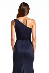 Dreamyannie One Shoulder Sheath Navy Wedding Guest Dress Long Formal Dress