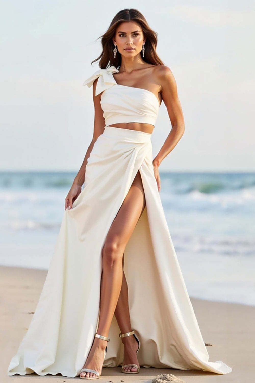 Dreamyannie One Shoulder White Satin Long Formal Dress With Slit