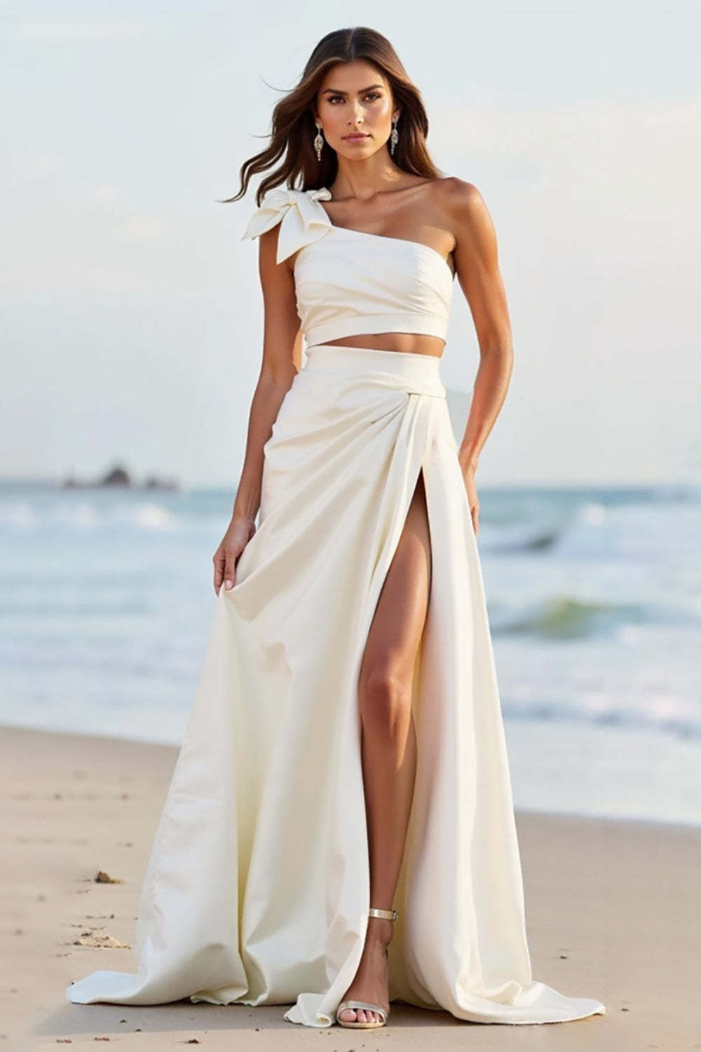 Dreamyannie One Shoulder White Satin Long Formal Dress With Slit