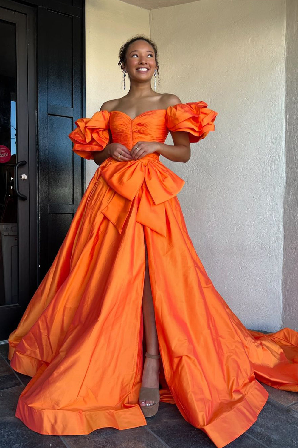 Dreamyannie Orange Prom Dress A-Line Off The Shoulder Ruffles Long Evening Dress With Slit