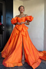 Dreamyannie Orange Prom Dress A-Line Off The Shoulder Ruffles Long Evening Dress With Slit