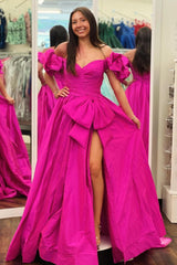 Dreamyannie Orange Prom Dress A-Line Off The Shoulder Ruffles Long Evening Dress With Slit