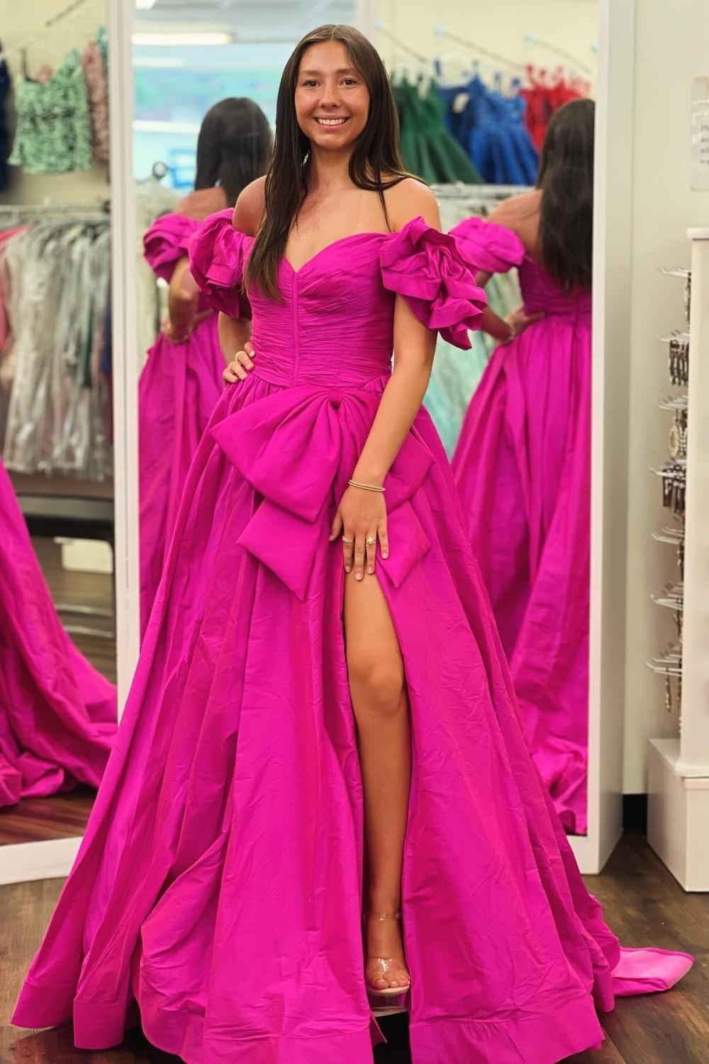 Dreamyannie Orange Prom Dress A-Line Off The Shoulder Ruffles Long Evening Dress With Slit
