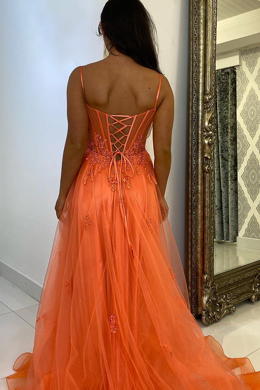 Dreamyannie Orange Prom Dress Floral A-Line Spaghetti Straps Long Evening Dress