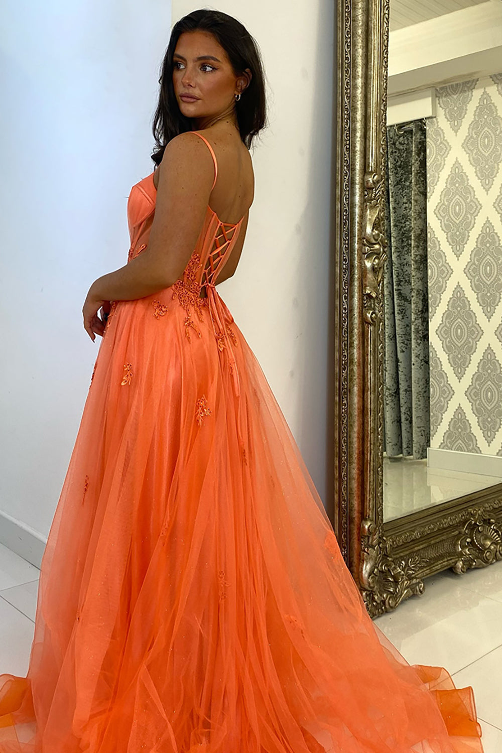 Dreamyannie Orange Prom Dress Floral A-Line Spaghetti Straps Long Evening Dress