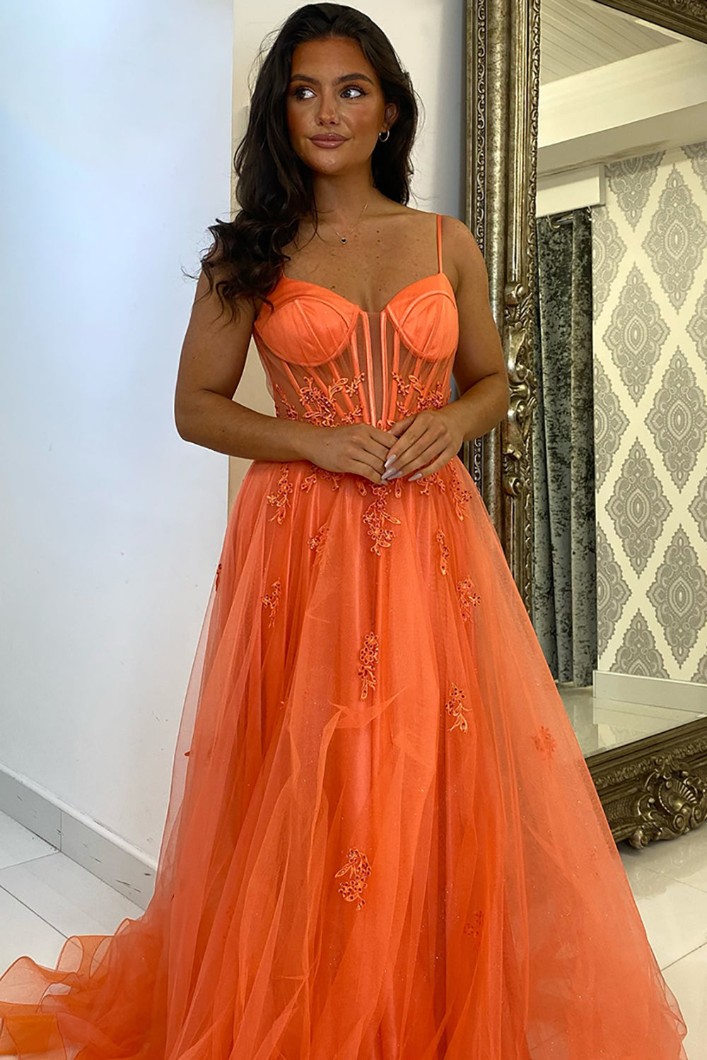 Dreamyannie Orange Prom Dress Floral A-Line Spaghetti Straps Long Evening Dress