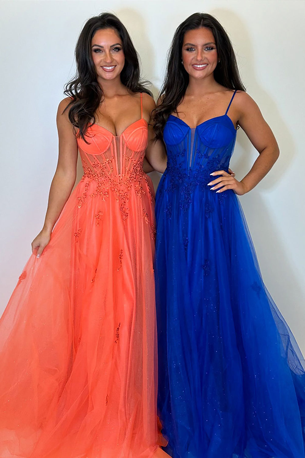 Dreamyannie Orange Prom Dress Floral A-Line Spaghetti Straps Long Evening Dress