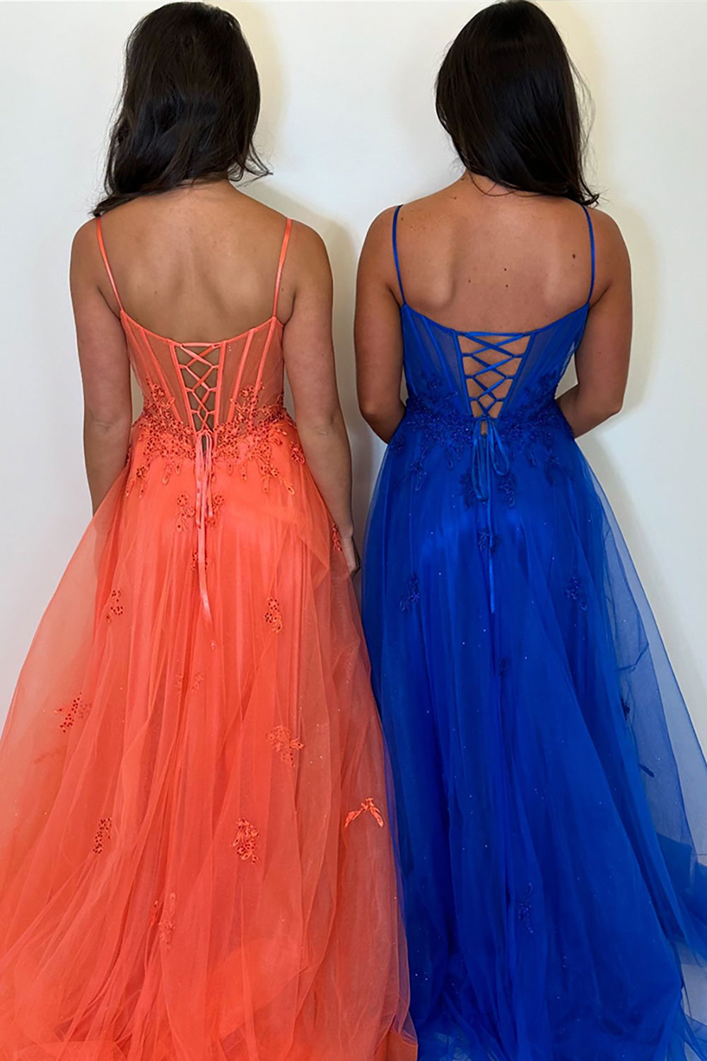 Dreamyannie Orange Prom Dress Floral A-Line Spaghetti Straps Long Evening Dress