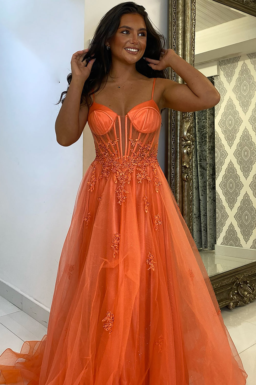 Dreamyannie Orange Prom Dress Floral A-Line Spaghetti Straps Long Evening Dress