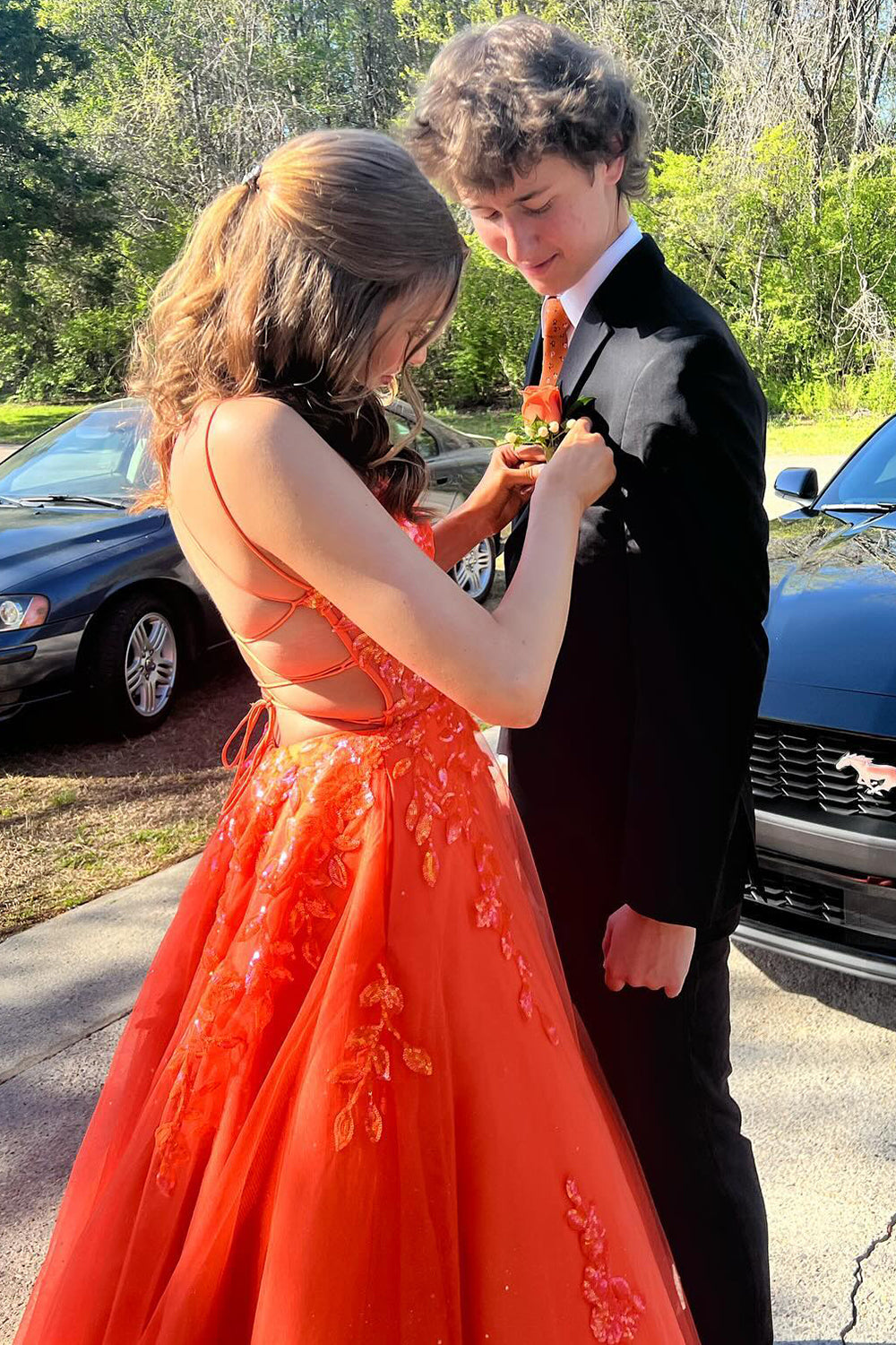 Dreamyannie Orange Prom Dress Floral Corset A-Line Long Evening Dress