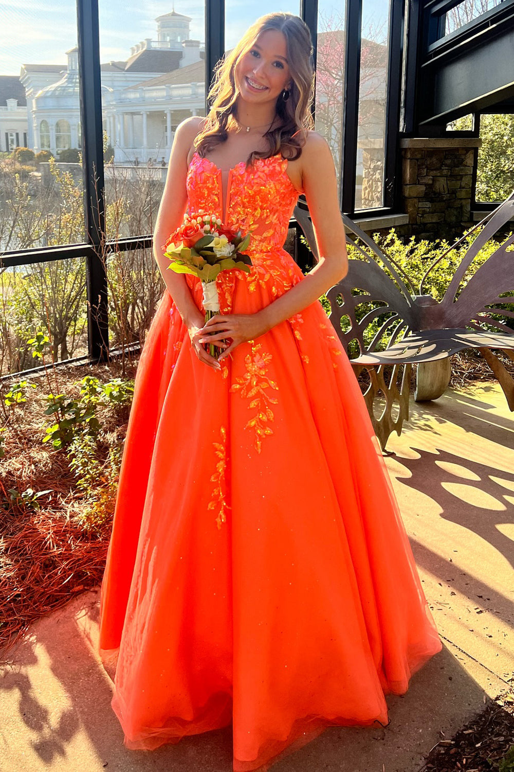 Dreamyannie Orange Prom Dress Floral Corset A-Line Long Evening Dress