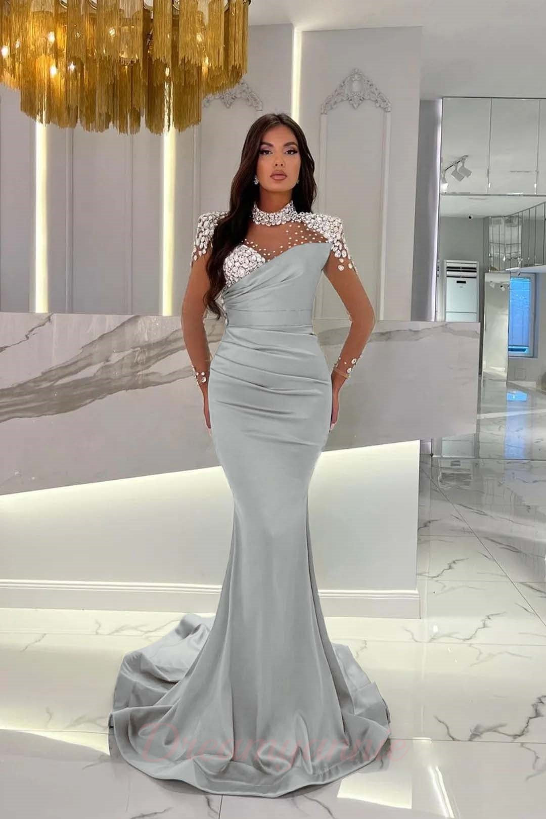 Dreamyannie Orange Prom Dress Mermaid High Neck Formal Dress With Sleeves