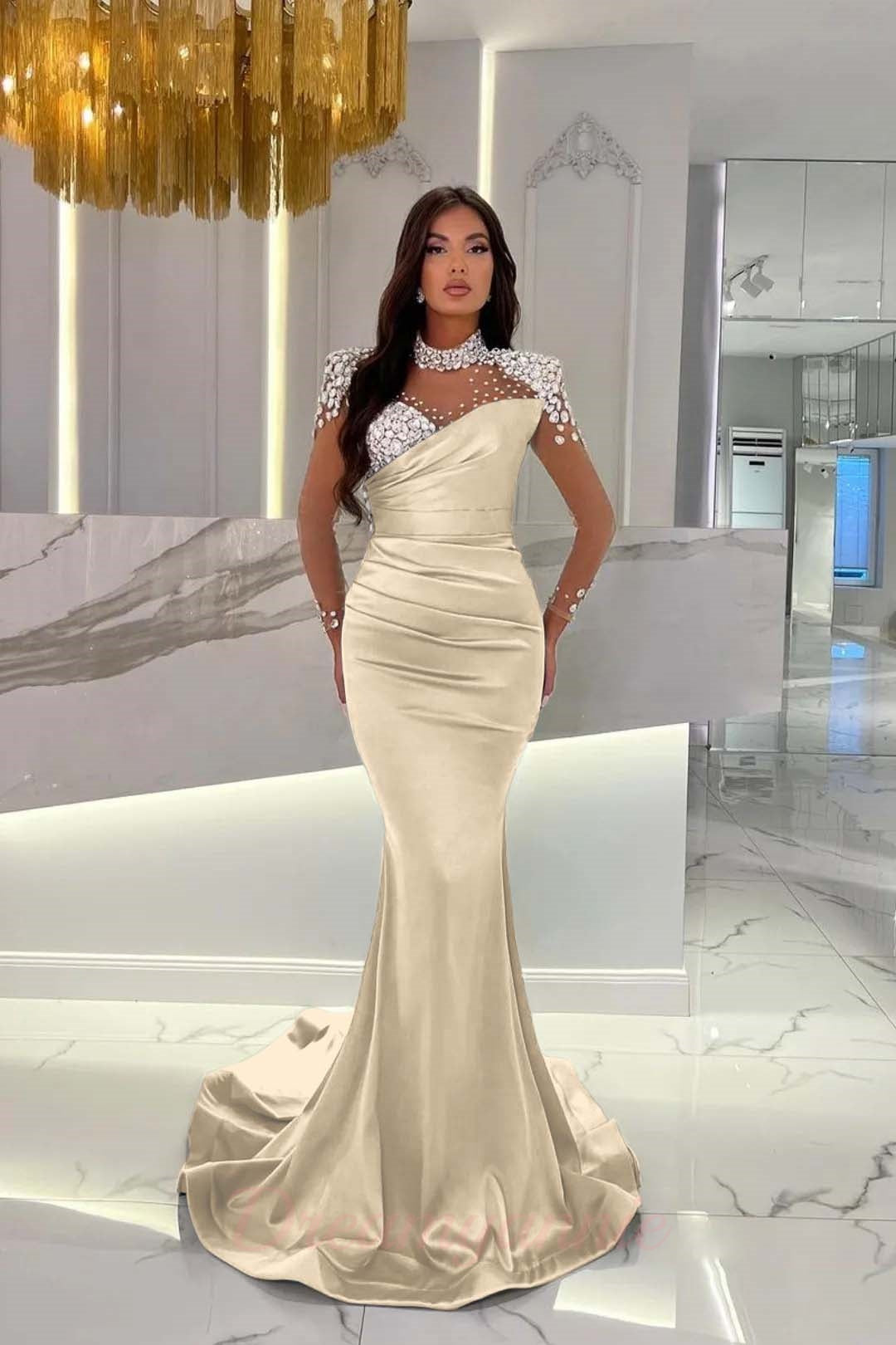 Dreamyannie Orange Prom Dress Mermaid High Neck Formal Dress With Sleeves