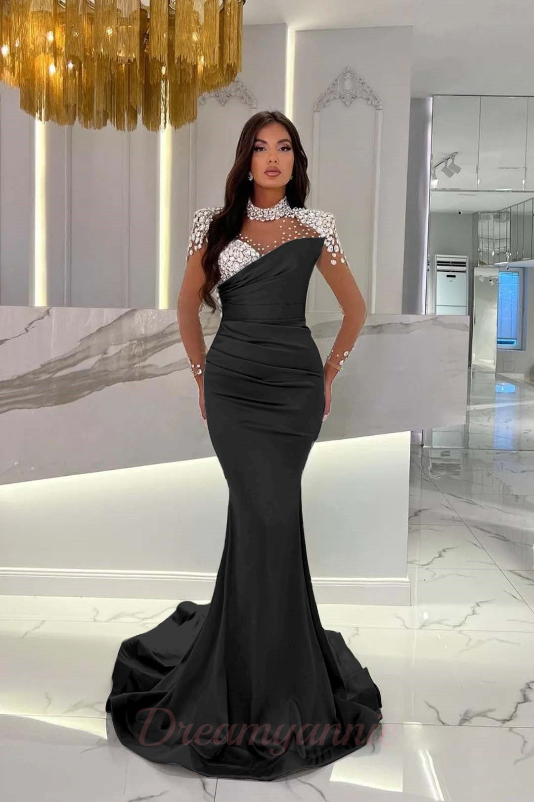 Dreamyannie Orange Prom Dress Mermaid High Neck Formal Dress With Sleeves