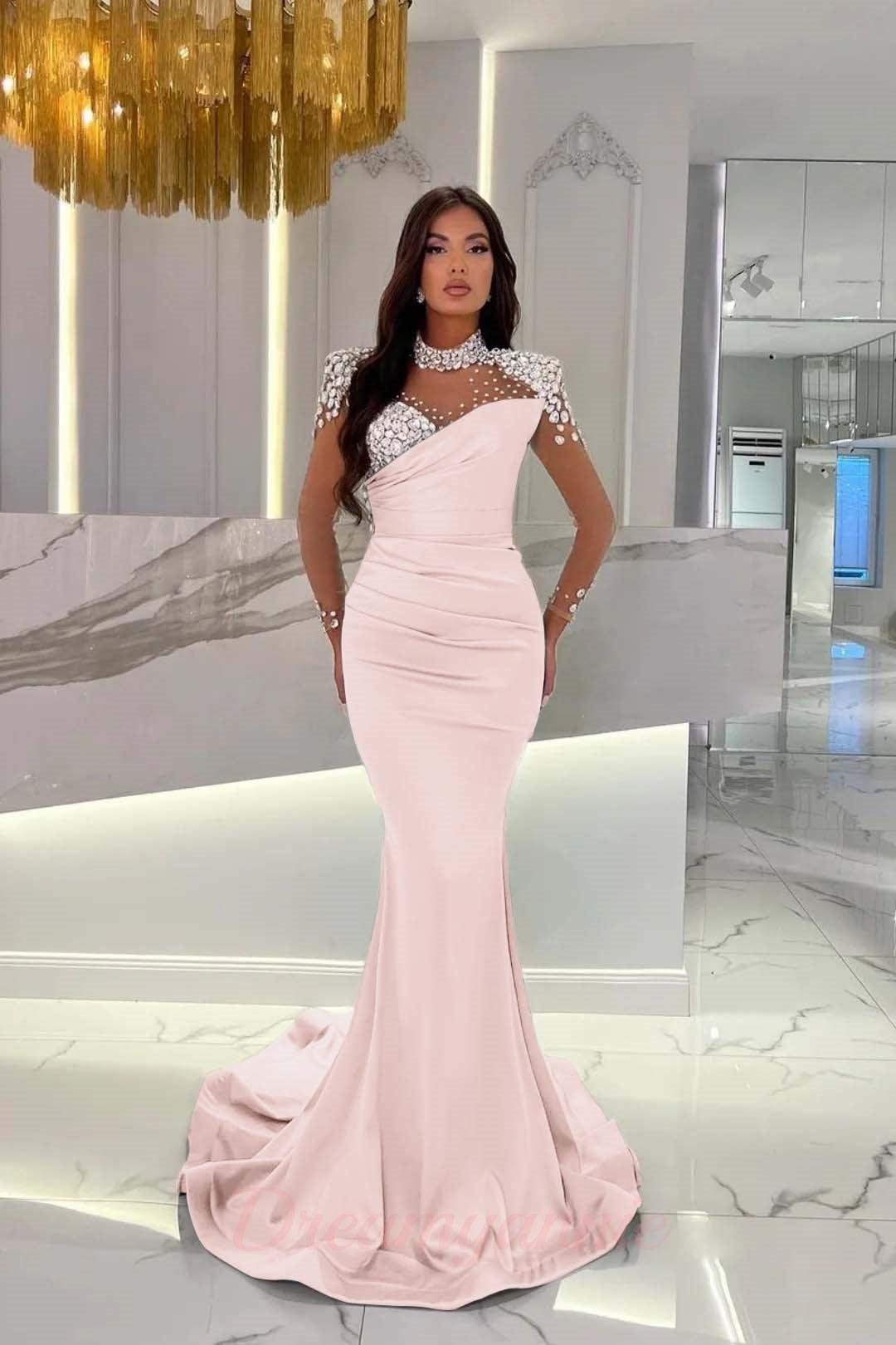 Dreamyannie Orange Prom Dress Mermaid High Neck Formal Dress With Sleeves