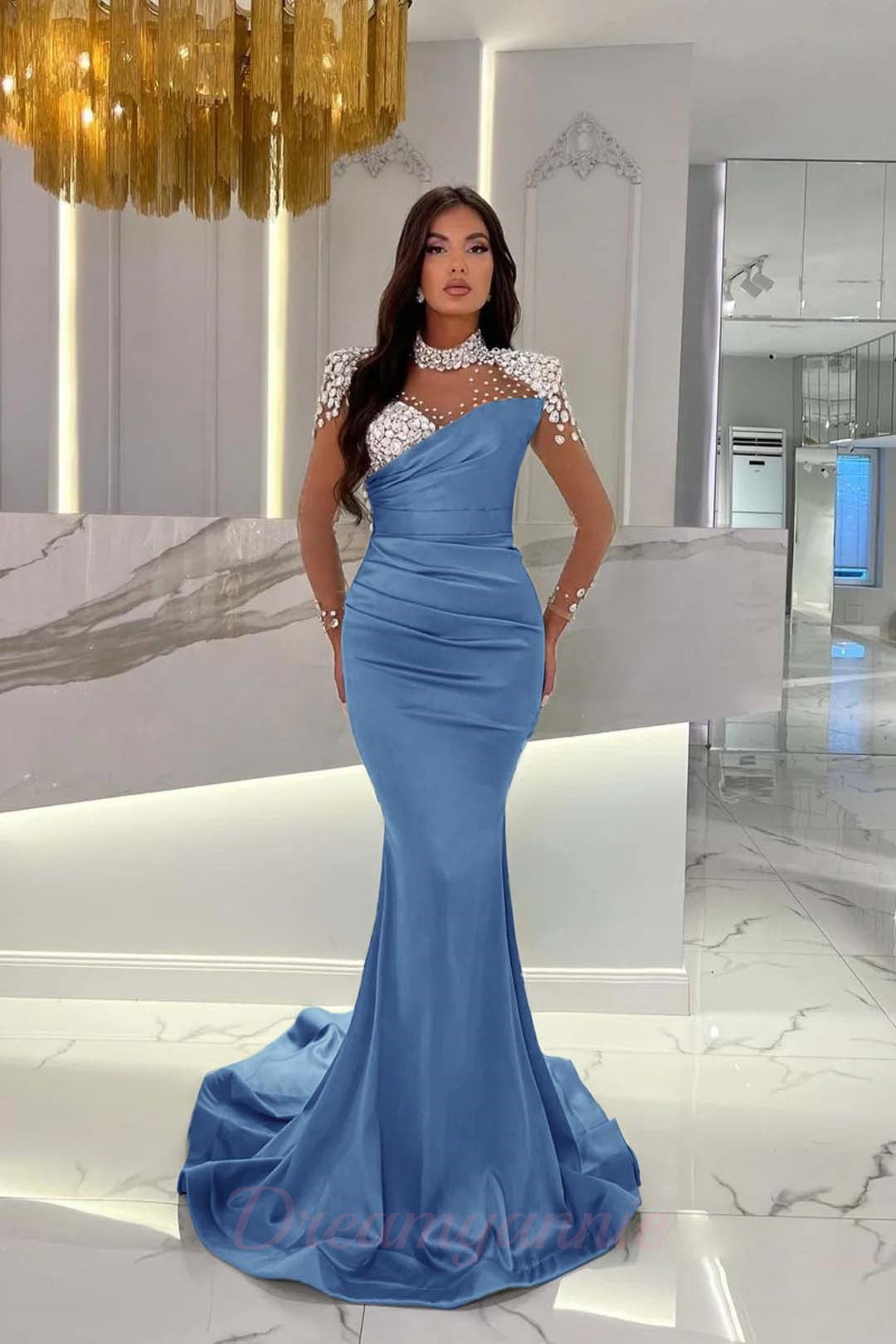 Dreamyannie Orange Prom Dress Mermaid High Neck Formal Dress With Sleeves