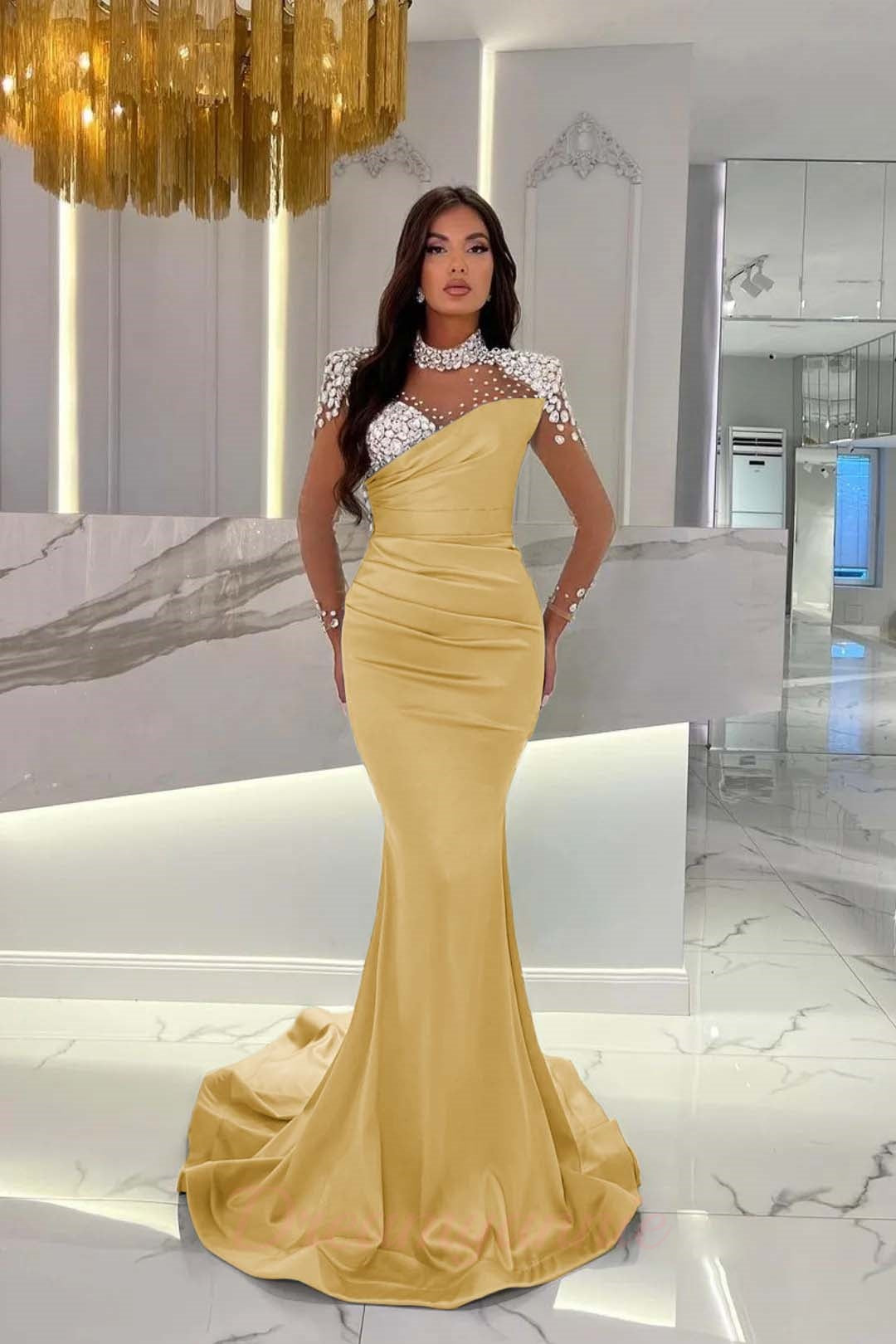 Dreamyannie Orange Prom Dress Mermaid High Neck Formal Dress With Sleeves