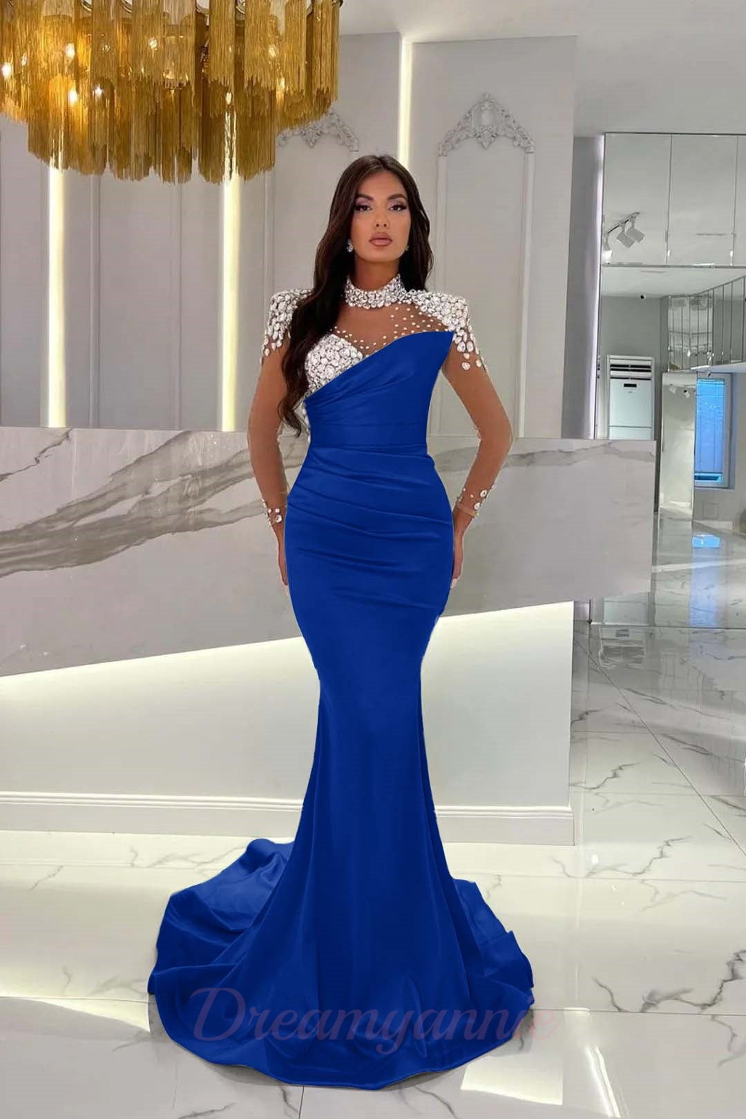 Dreamyannie Orange Prom Dress Mermaid High Neck Formal Dress With Sleeves