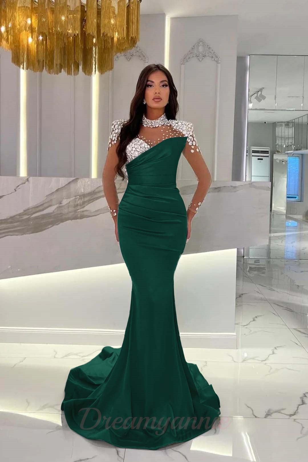 Dreamyannie Orange Prom Dress Mermaid High Neck Formal Dress With Sleeves