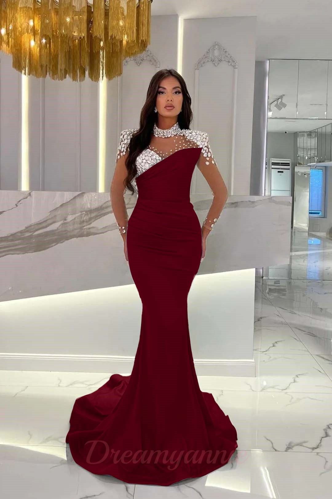 Dreamyannie Orange Prom Dress Mermaid High Neck Formal Dress With Sleeves