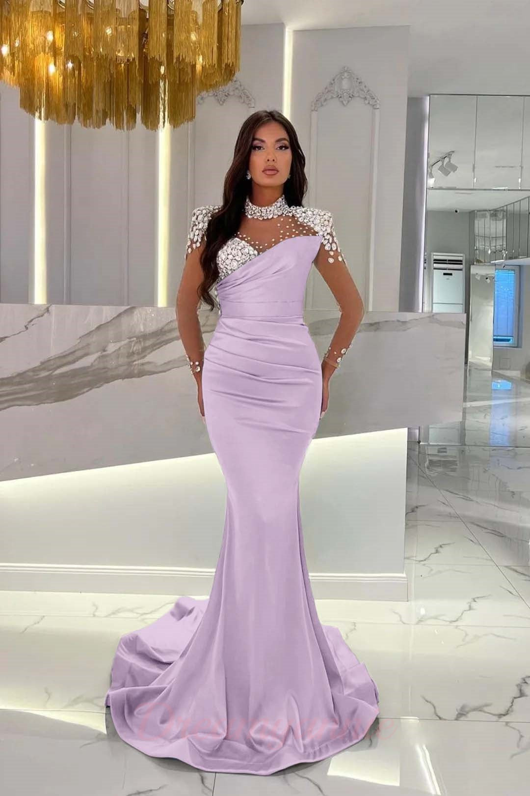 Dreamyannie Orange Prom Dress Mermaid High Neck Formal Dress With Sleeves