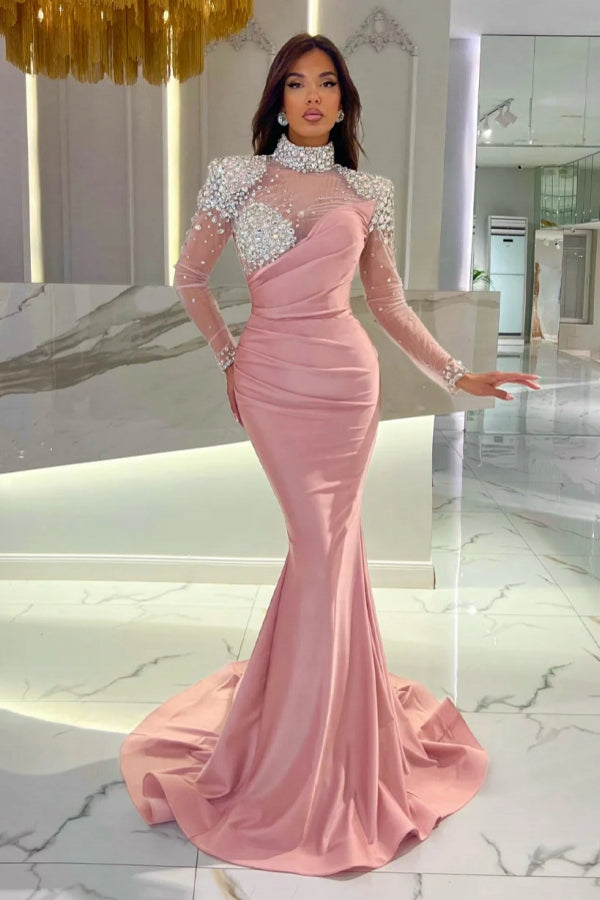 Dreamyannie Orange Prom Dress Mermaid High Neck Formal Dress With Sleeves