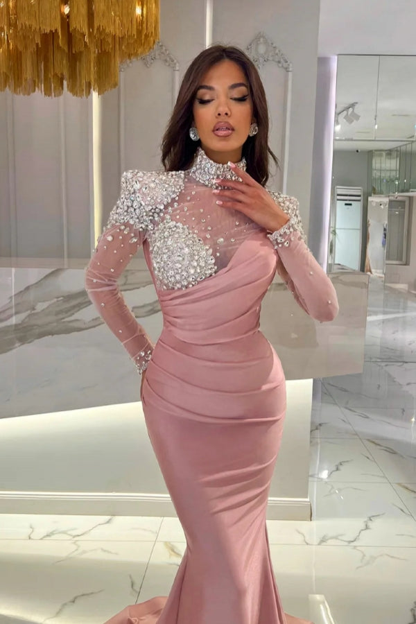 Dreamyannie Orange Prom Dress Mermaid High Neck Formal Dress With Sleeves