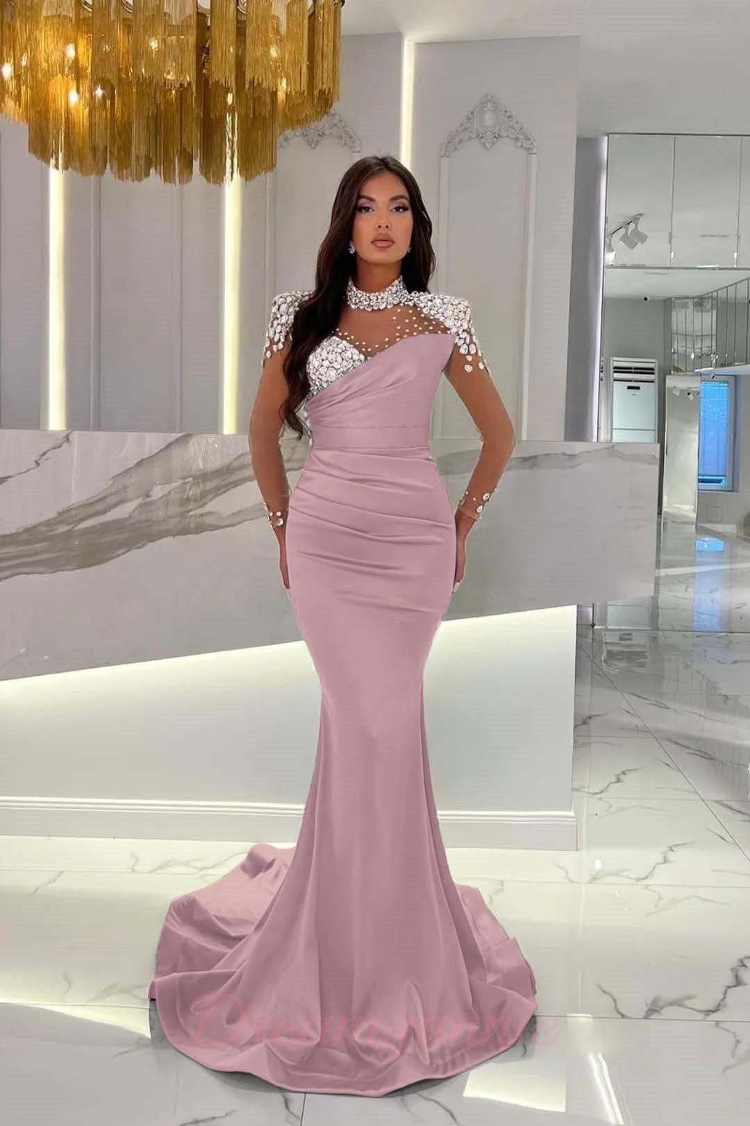 Dreamyannie Orange Prom Dress Mermaid High Neck Formal Dress With Sleeves