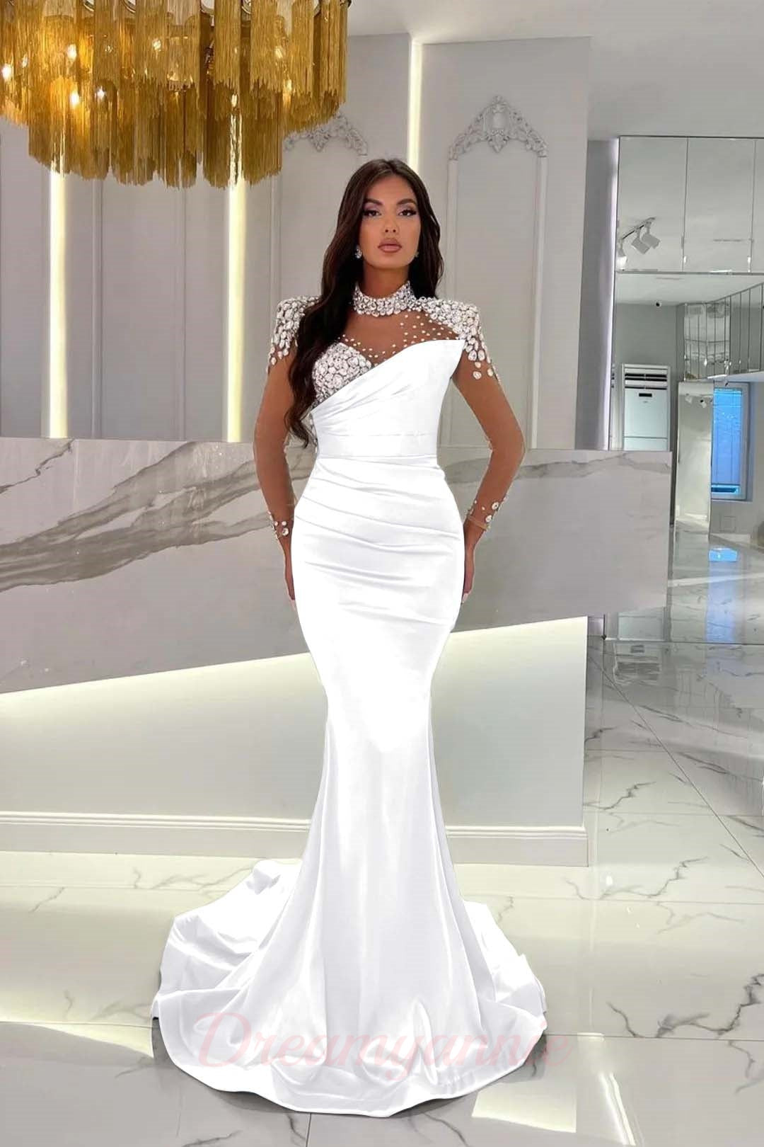 Dreamyannie Orange Prom Dress Mermaid High Neck Formal Dress With Sleeves