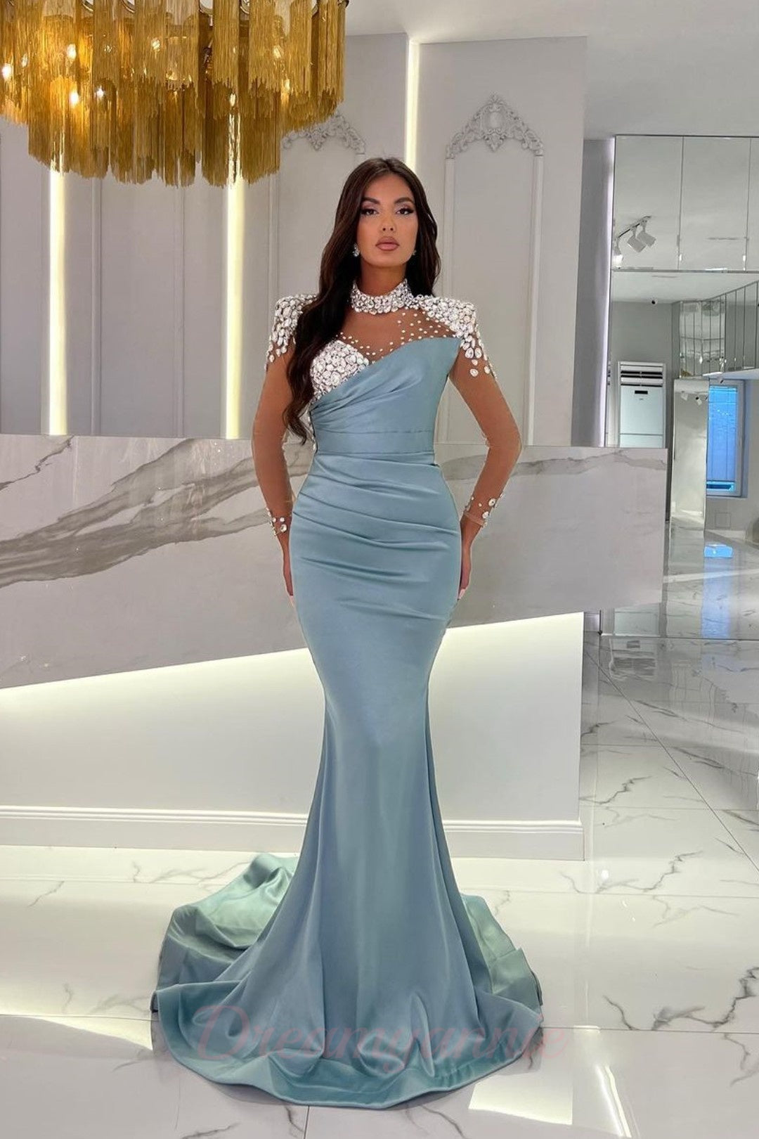 Dreamyannie Orange Prom Dress Mermaid High Neck Formal Dress With Sleeves