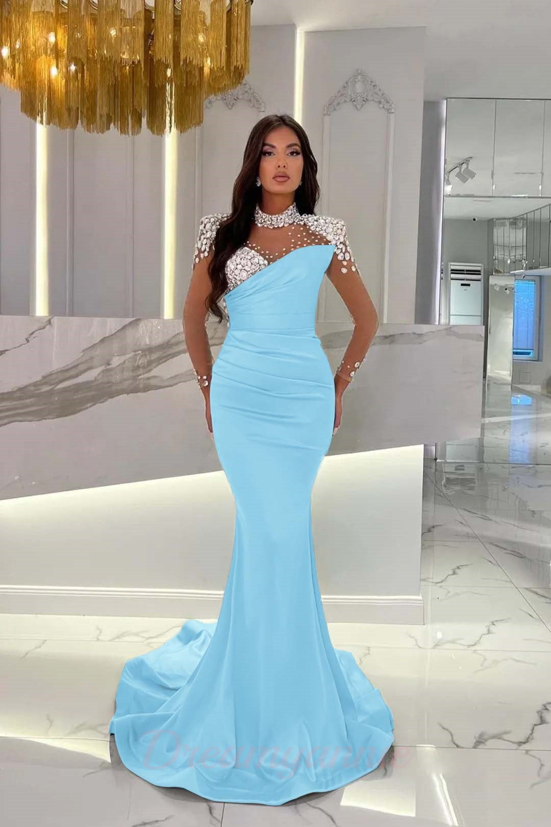 Dreamyannie Orange Prom Dress Mermaid High Neck Formal Dress With Sleeves