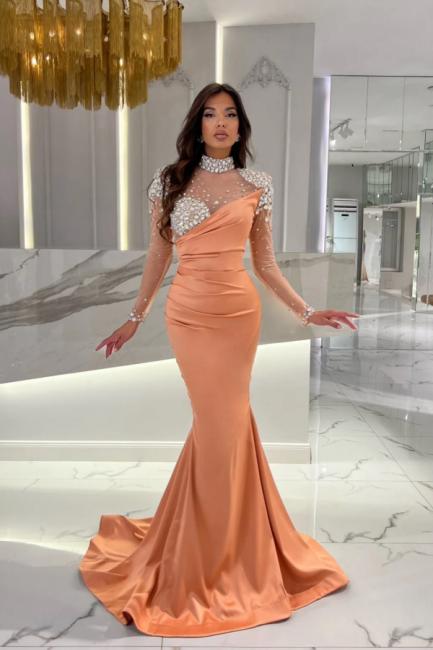 Dreamyannie Orange Prom Dress Mermaid High Neck Formal Dress With Sleeves