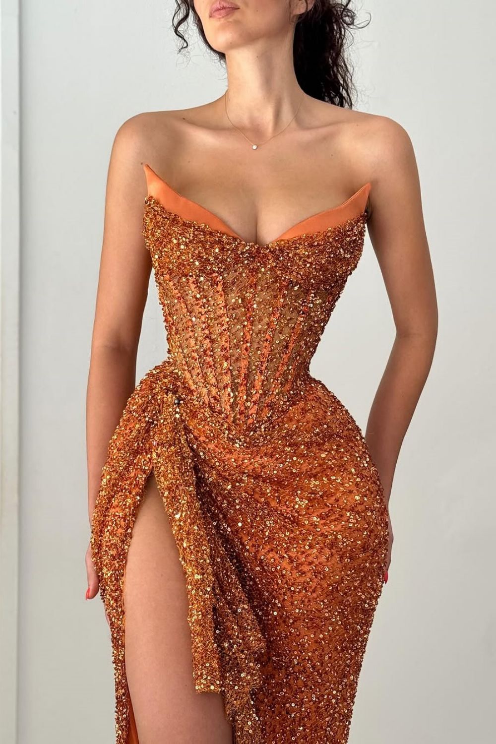 Dreamyannie Orange Strapless Sequin Prom Dress With Corset And Slit Formal Evening Gown