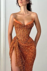 Dreamyannie Orange Strapless Sequin Prom Dress With Corset And Slit Formal Evening Gown
