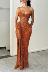 Dreamyannie Orange Strapless Sequin Prom Dress With Corset And Slit Formal Evening Gown