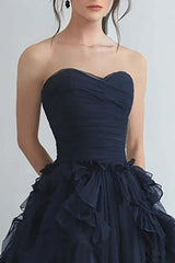 Dreamyannie Organza Navy Wedding Guest Dress Strapless A Line Formal Dress With Ruffles