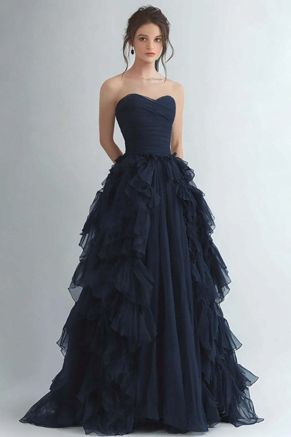 Dreamyannie Organza Navy Wedding Guest Dress Strapless A Line Formal Dress With Ruffles