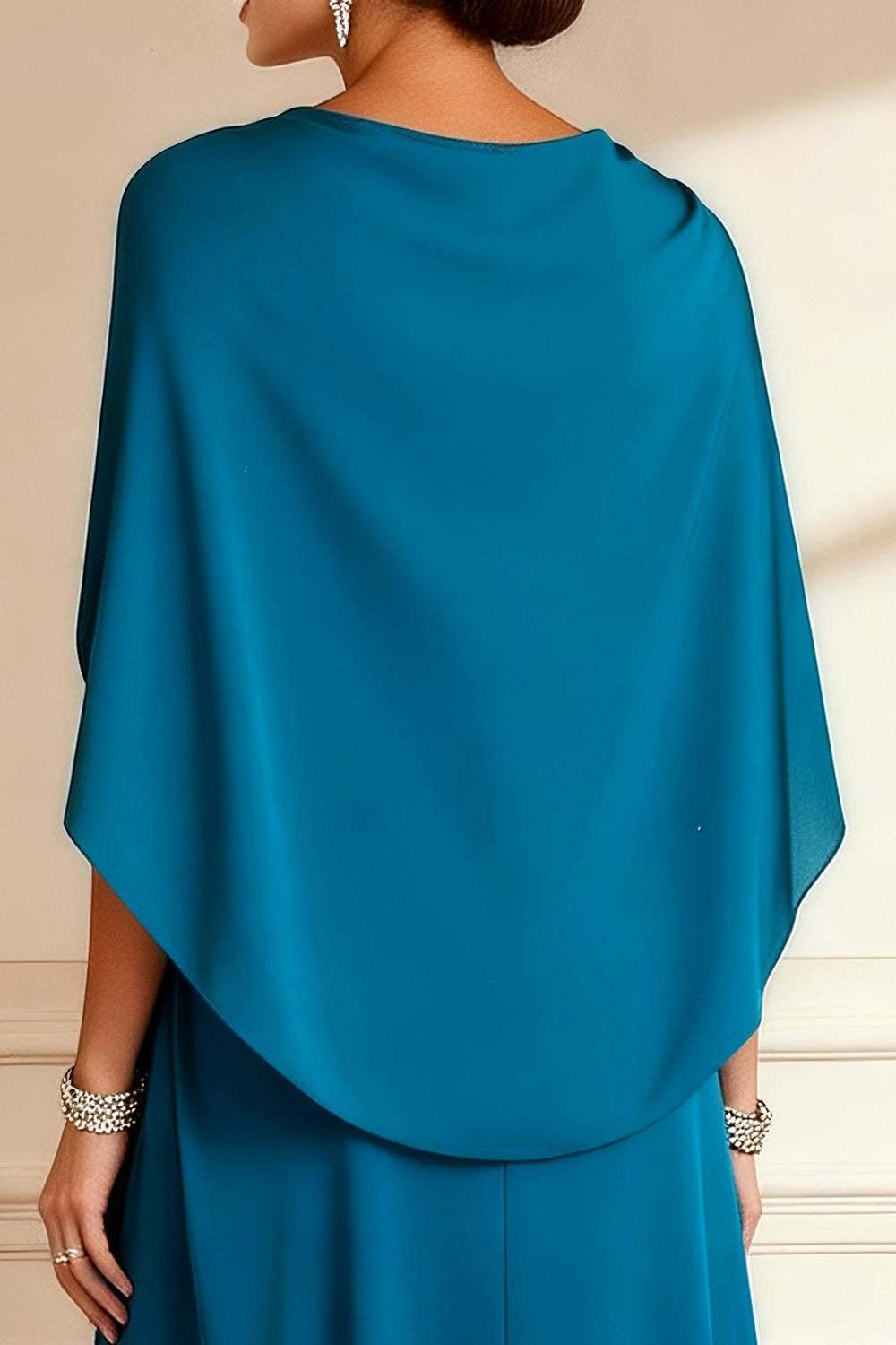 Dreamyannie Peacock Blue Chiffon Beaded Long Mother Of The Bride Dress With Cape