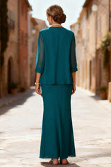 Dreamyannie Peacock Blue Chiffon Boat Neck Floor Length 3 Piece Mother Of The Bride Dress With Jacket