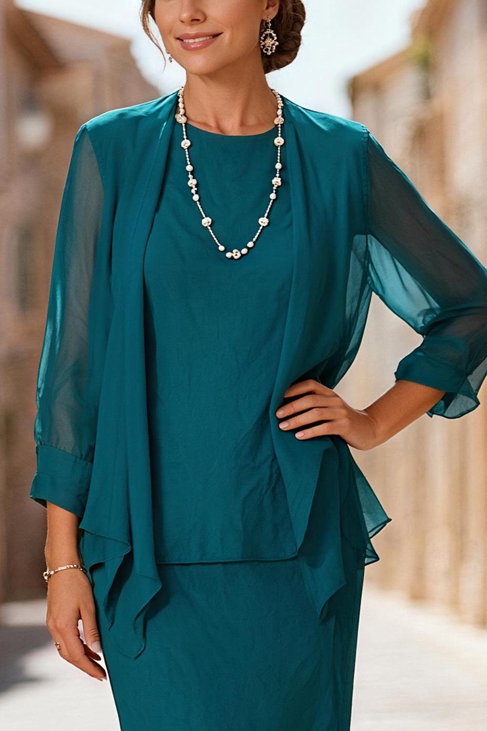 Dreamyannie Peacock Blue Chiffon Boat Neck Floor Length 3 Piece Mother Of The Bride Dress With Jacket